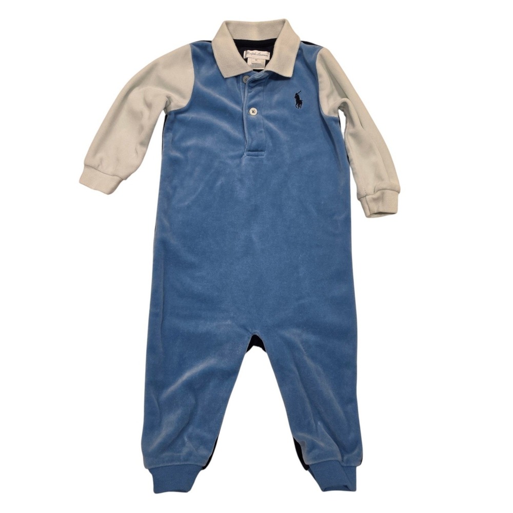 Ralph Lauren Baby Boy Coverall Blue Velour Colorblock Polo Romper 9M